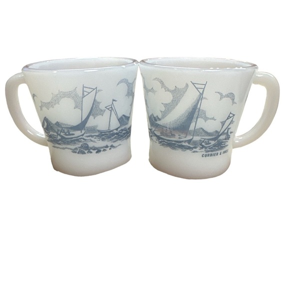 Glasbake Sailboat Coffee Cups (set of two) Currier & Ives White/Blue Vintage - Picture 6 of 6